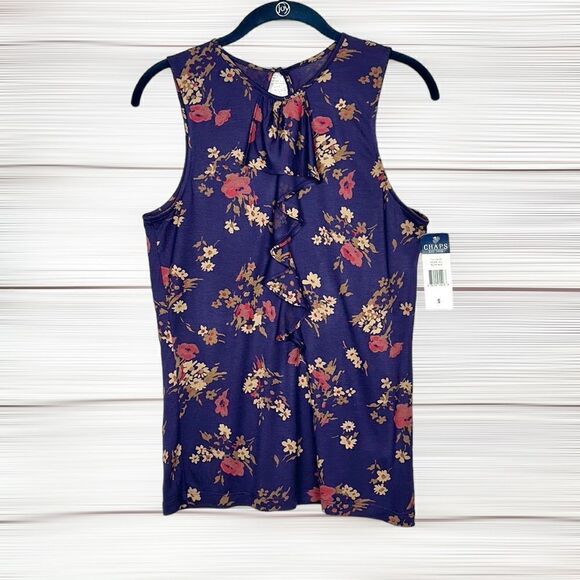 NWT New Chaps Viscose Top Tee Blouse Floral Purple Ruffle Front Sleeveless S - Picture 2 of 13